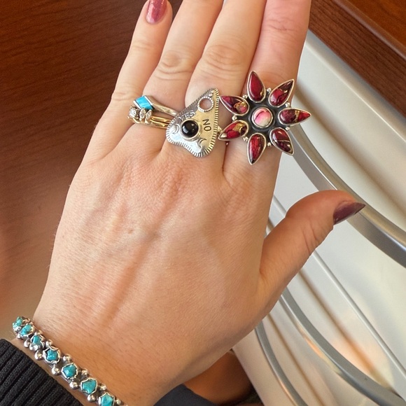 Rose Dahlia Turquoise 925 Sterling Silver Cluster Statement Ring - Size 7